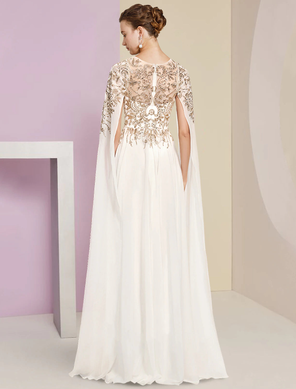 Wholesale  Sheath / Column Mother of the Bride Dress Wedding Guest Party Luxurious Jewel Neck Floor Length Chiffon Lace Sequined Long Sleeve with Pleats